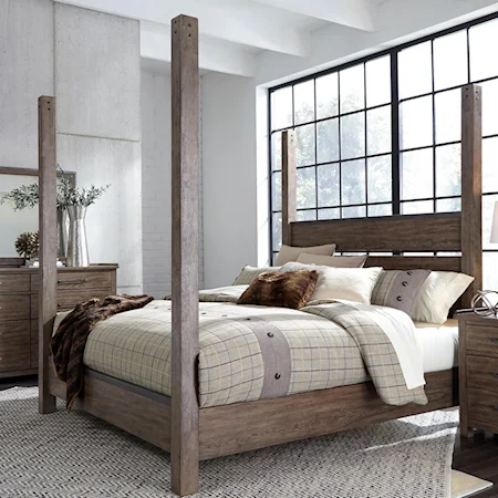 Contemporary King Poster Bed with Metal Strip Accents